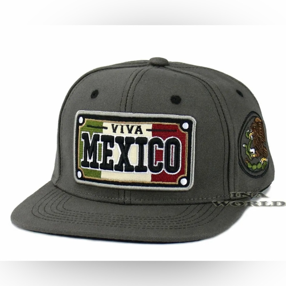MEXICAN Hat VIVA MEXICO Flag Cap Eagle Snapback Flat Bill Baseball Cap- Gray